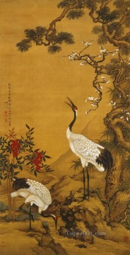 中国 Painting - 中国の伝統的な松と梅の下の神泉鶴